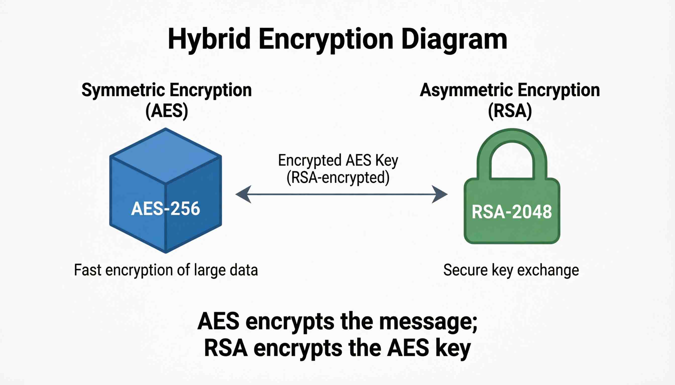 Diagram illustrating hybrid encryption: a combination of symmetric AES and asymmetric RSA.