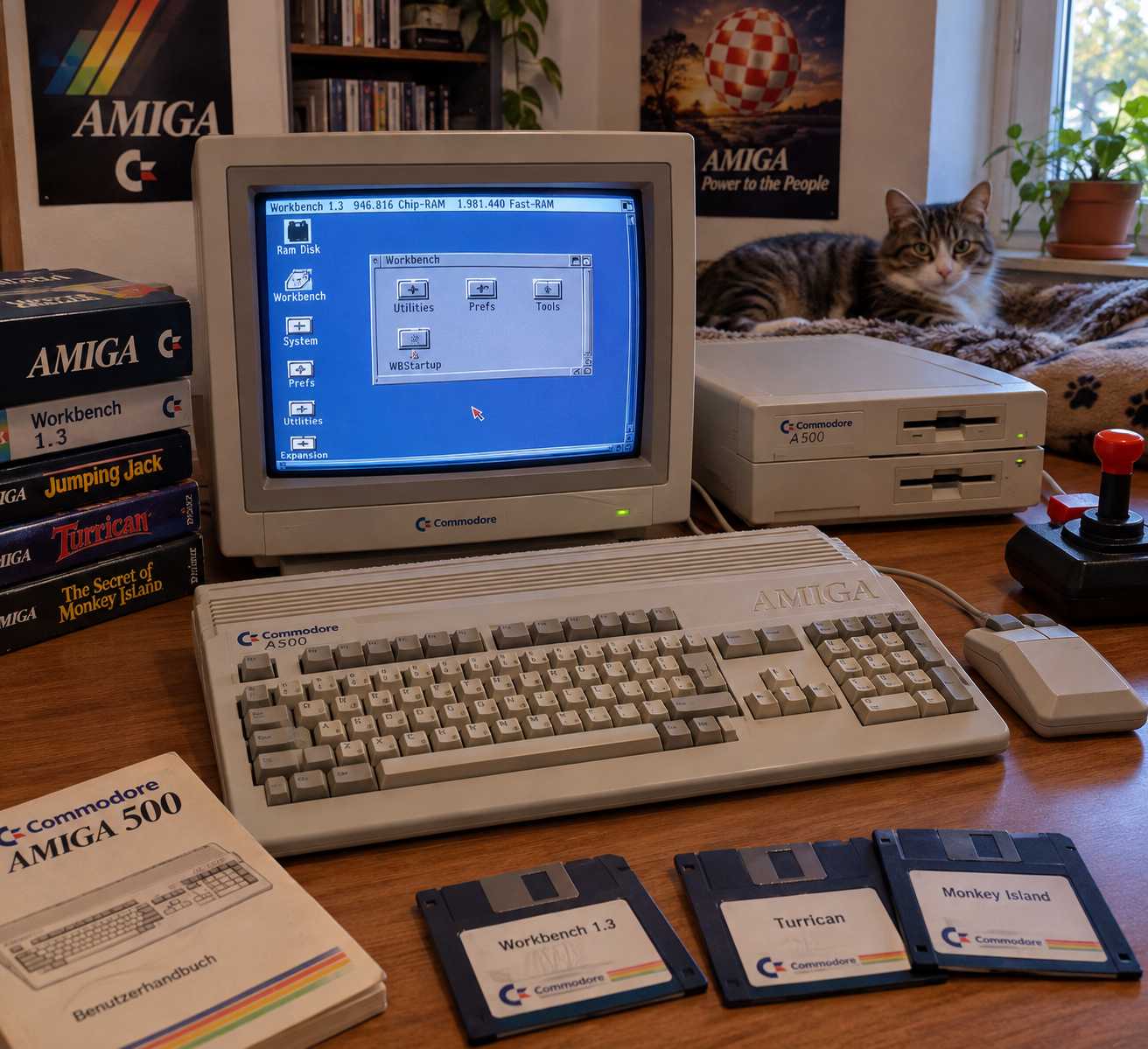 A Commodore Amiga 500 computer on a table; a colorful demo is running on the monitor.