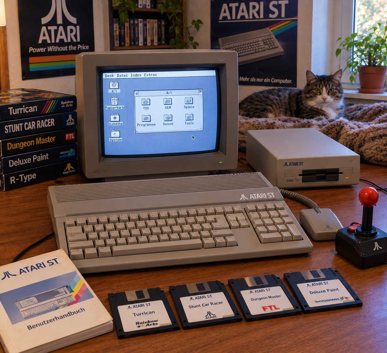 An Atari 1040 ST computer connected to a synthesizer via MIDI cables.