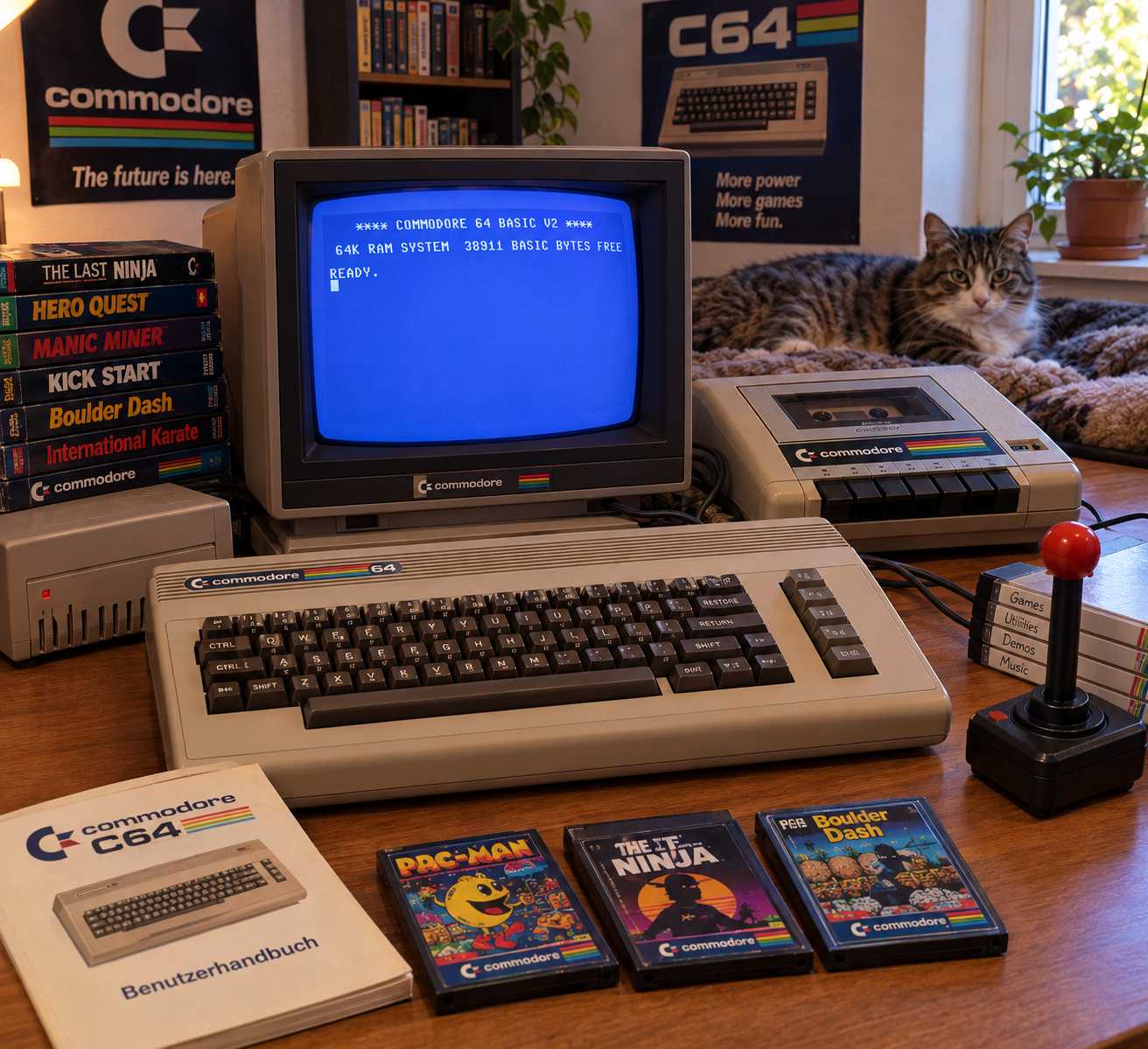 A classic Commodore 64 'breadbox' next to a Datassette and a joystick.