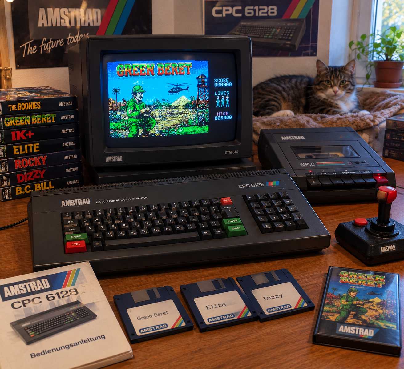 Ein AMSTRAD/Schneider CPC 6128 Computer with a built-in 3-inch floppy disk drive in front of a green monitor.