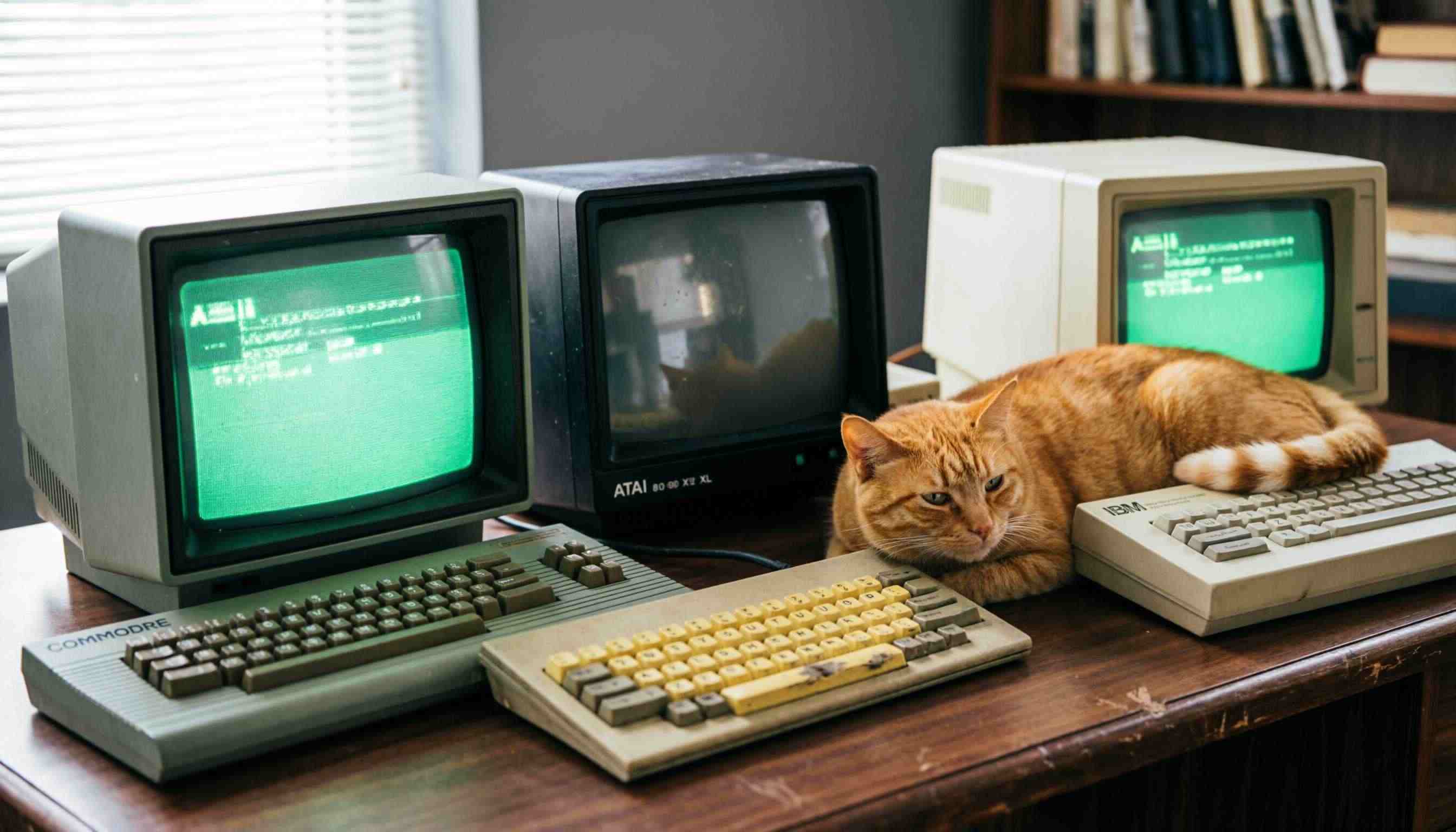 An arrangement of classic 1980s computers on a desk, featuring glowing CRT monitors.