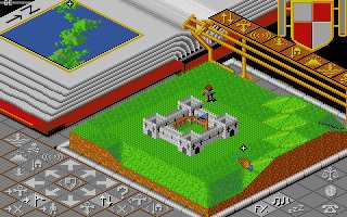 Isometric screenshot of Populous on the Amiga, showing green hills and small houses.