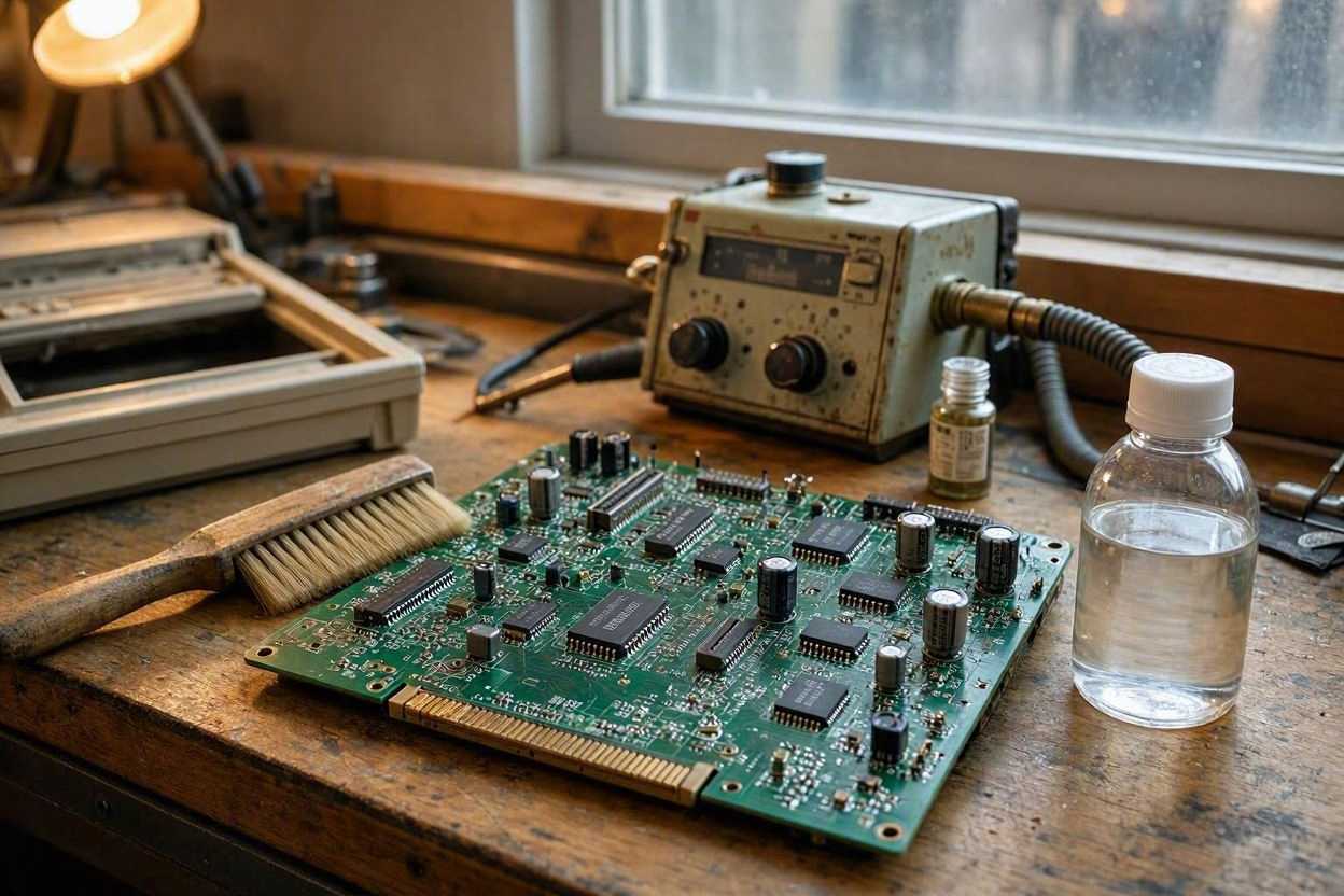 Hands brushing a vintage green circuit board next to a small glass bottle labelled 99% Isopropanol.